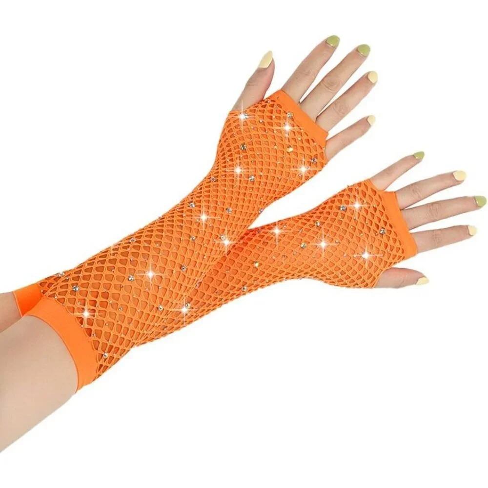 Women's Rhinestones Orange Fingerless Fishnet Mesh Long Gloves Party Cosplay